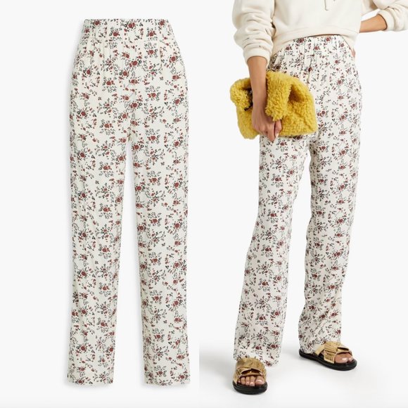 Ganni Pants - GANNI Floral-Print Crepe De Chine Straight-Leg Pants